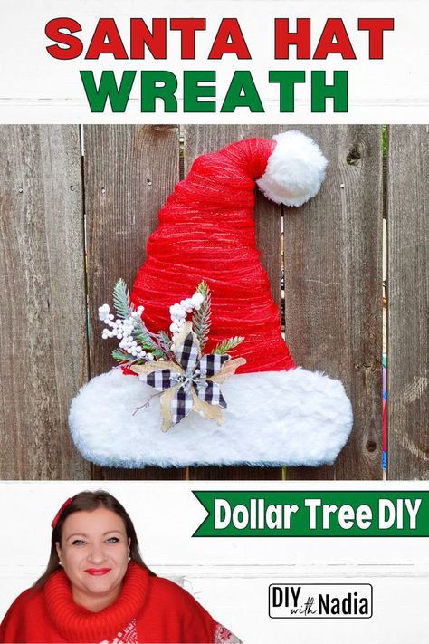 Dollar Tree Santa Hat Wreath, Santa Hat Wreath Diy, Santa Hat Wreath, Traditional Christmas Wreath, Hat Wreath, Snowman Hat, Dollar Tree Christmas, Farmhouse Traditional, Wreaths Diy