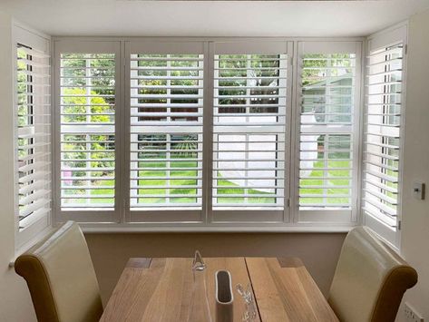 Box Bay Window Dressing, Bay Window With Shutters, Rectangular Bay Window, Bay Window Perfect Fit Blinds, Window Uk, White Shutters Bay Window, Half Shutters Bay Window, Bay Window Dressing, Solid Shutters Bay Window