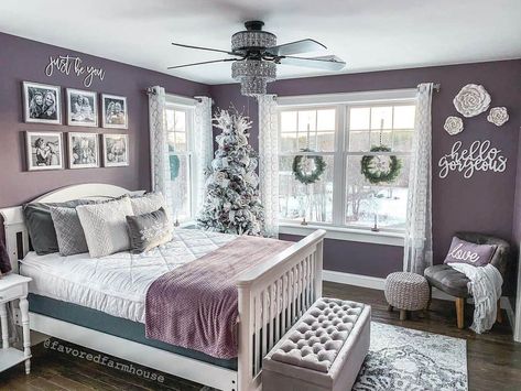 Romantic Purple Bedroom Farmhouse, Purple And Grey Room Ideas Bedrooms, Master Bedrooms Decor Cozy Romantic Purple, Purple Home Office Decor, Purple Gray White Bedroom, Purple And Grey Bedroom Ideas Aesthetic, Plum And White Bedroom, White Room With Purple Accents, Purple Romantic Bedroom