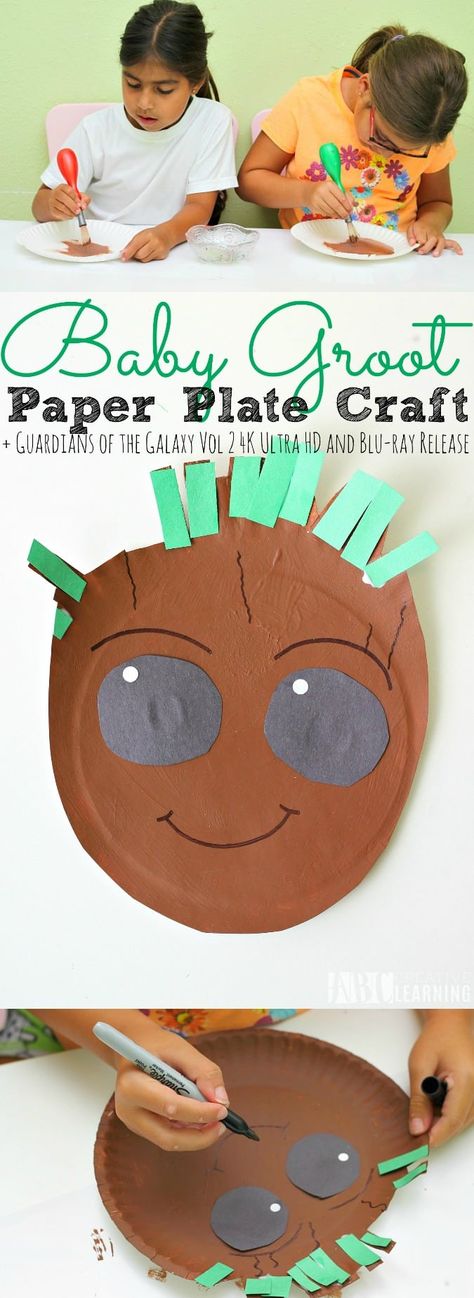 Guardians of the Galaxy Vol 2 is finally available to own on Blu-Ray and DVD! It's one of my favorite Marvel movies and so much fun to watch! That's why we created this super easy and fun Baby Groot paper plate kids craft! - simplytodaylife.com via @SimplyTodayLife Groot Craft, Superhero Week, Avengers Crafts, Plate Crafts For Kids, Disney Crafts For Kids, Galaxy Crafts, Hero Crafts, Disney Craft, Galaxy Birthday