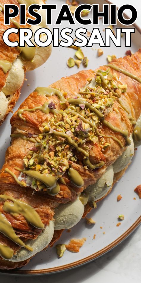 Easy Pistachio Croissants  - Sims Home Kitchen Filled Croissant Recipe, Pistachio Sauce, Pistachio Croissant, Pistachio Filling, Sims Home, Flaky Croissants, Pistachio Paste, Pistachio Recipes, Homemade Croissants