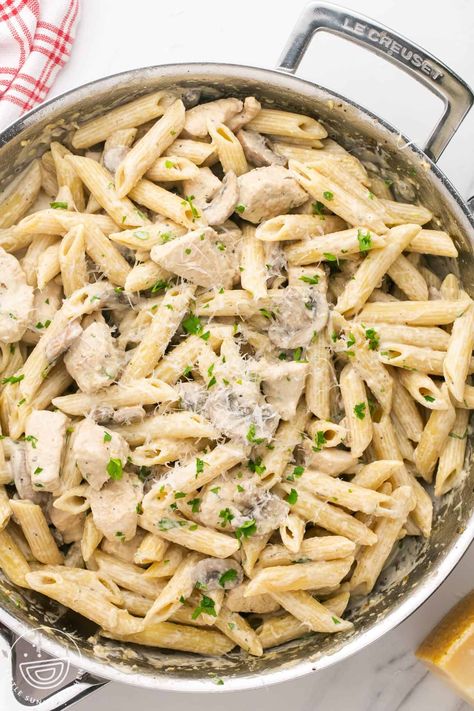 Creamy Chicken Mushroom Pasta, Creamy Chicken Mushroom, Chicken Mushroom Pasta, Stuffed Mushrooms Easy, Penne Pasta Recipes, Creamy Mushroom Chicken, Simply Stacie, Mushroom Recipes Pasta, Baked Mushrooms