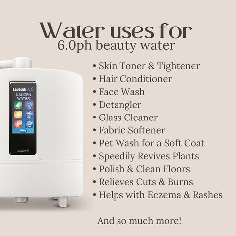 Let’s breakdown Kangen water 💧 Well first things first, what is Kangen water? Kangen water is ionised, activated, living water that is created through the process of electrolysis.⚡️ Our K8 machines offer a staggering 85+ uses and that’s just the beginning! From transforming your home into a safer space to being an eco-friendly choice, the benefits are endless. This ioniser creates over 7 different types of water, each with its unique pH level and diverse uses! From beauty care to cooki... Kangen Water Uses, Kangan Water, Enagic Kangen Water, Kangen Water Benefits, Kangen Water Machine, Water Board, Ionised Water, Ph Water, Water Facts