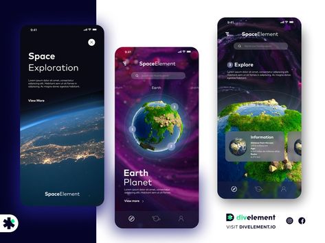 SPACE APP CONCEPT by Mauricio Lopez for Divelement Web Services on Dribbble Planet App, Space Mobile, Music Player App, Mobile Website Design, Online Web Design, App Concept, Mobile Template, Mobile App Design Inspiration, Space Games