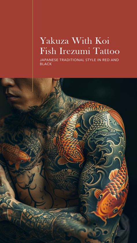 Yakuza member with vibrant Koi Fish Irezumi Tattoo on chest and arms Yakuza Style Tattoo, Tattoo Simple Design, Dragon Koi Tattoo Design, Tato Irezumi, Traditional Japanese Tattoo Sleeve, Japanese Leg Tattoo, Koi Tattoo Sleeve, Traditional Japanese Tattoo Designs, Irezumi Tattoo