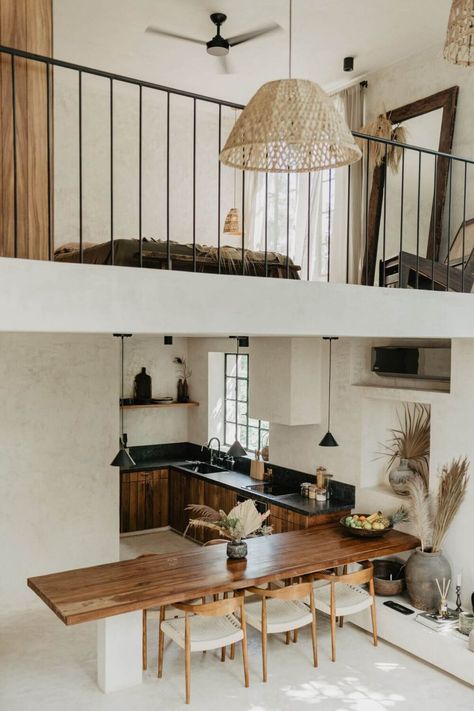 A Beautiful Loft Airbnb in Tulum - The Nordroom Jungle Airbnb, Tulum Kitchen, Loft Over Kitchen, Airbnb Inspiration, Mexico Airbnb, Jungle Trees, Loft Home, Airbnb Ideas, Built In Sofa