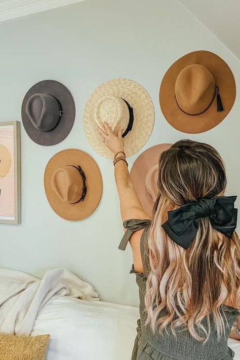 How To Hang Cowboy Hats On Wall, Hanging Cowboy Hats On Wall, Cowboy Hats On Wall, Cowboy Hat Hanging Ideas, Hat Wall Girls Room, Boho Hat Wall, Cowgirl Hat Wall, Hang Cowboy Hat On Wall, Boho Hat Wall Bedroom