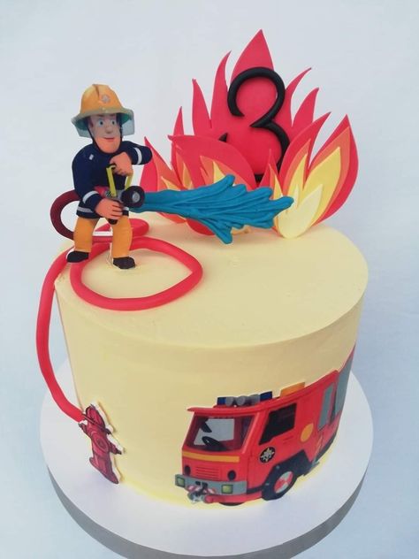 Birthday Cake Firefighter, Firefighter Cake Ideas Kids, Firefighter Wedding Cakes, Fireman Sam Birthday Cake, Firetruck Birthday Cake Buttercream, Fire Truck Police Car Ambulance Cake, Fireman Sam Cake, Fireman Cake, Baby Boy Birthday Cake