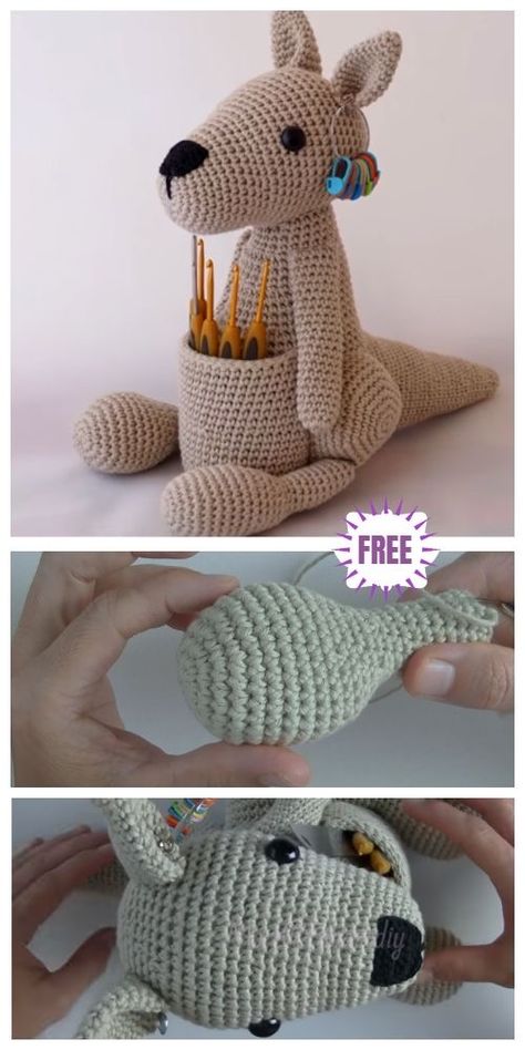 Crochet Kangaroo, Crochet Hook Holder, Toys Ideas, Crochet Toys Free, Pola Amigurumi, Crochet Animal Patterns, Crochet Free, Ideas Crochet, Diy Crochet Projects