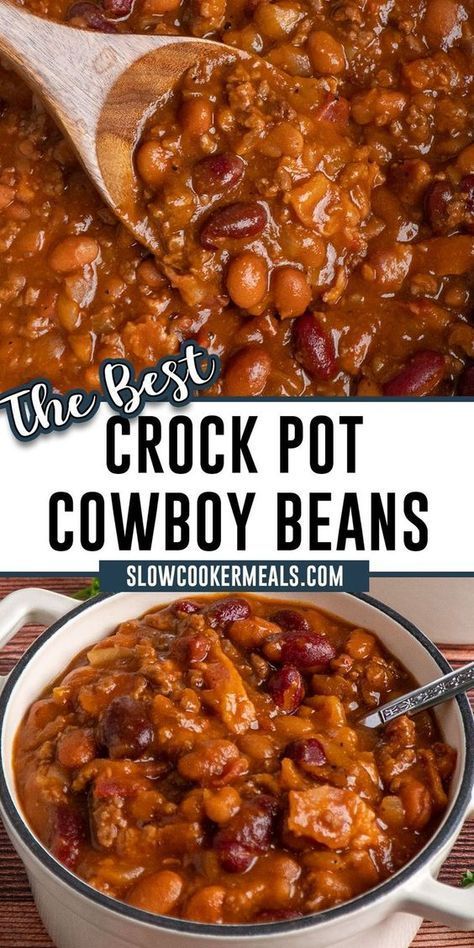 Sweet and savory flavors combine with hearty ground beef and beans for the perfect combination of flavor, texture, and aroma in this easy recipe for Crock Pot Cowboy Beans! Enjoy as a side dish for any BBQ or potluck! Bbq Beans, Cowboy Beans, Keto Carnivore, Baked Bean Recipes, Crockpot Dishes, Salad Pasta, Crockpot Cooking, Slow Cooker Meals, Crock Pot Slow Cooker