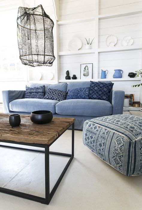 Denim Couch, Blue Couch, Latest Interior Design, Coastal Home Decor, Coastal Living Rooms, Coastal Interiors, Coastal Home, Eclectic Decor, Coastal Living