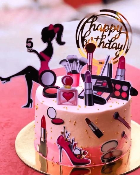 Makeup Cakes For Girls Birthday, Makeup Cake Ideas Birthdays, Makeup Cake Design, Birthday Cake Makeup, Makeup Theme Cake, Makeup Birthday Cake, Photo Print Cake, Makeup Birthday Cakes, Barbie Doll Birthday Cake