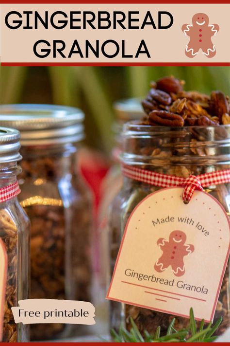 Adorable, delicious and easy-to-make, this Gingerbread Granola makes for a perfect Holiday Treat and Gift! #MasonJar #MasonJarGifts #Granola #Gingerbread via @savorandsavvy Gingerbread Gifts Ideas, Christmas Granola Gift In A Jar, Shelf Stable Food Gifts, Christmas Granola Recipe, Gingerbread Gift Ideas, Food Christmas Gifts Homemade, Granola Gift Ideas, Homemade Granola Gift, Granola Christmas Gift