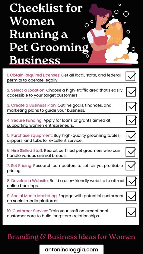 Essential Checklist for Women Running a Pet Grooming Business Pet Grooming Marketing Ideas, How To Start A Pet Grooming Business, Dog Grooming Business Plan, Dog Grooming Salon Organization, Dog Grooming And Boarding Ideas, Dog Grooming Salon Ideas, Dog Grooming Salon Decor, Grooming Room, Dog Boarding Ideas