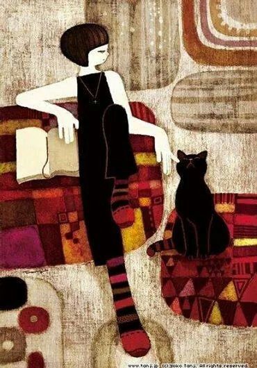 Cat art Yoko Tanji, She And Her Cat, Black Cat Art, A Black Cat, Cats Illustration, Cat Illustration, Funky Art, Pretty Art, Crazy Cats