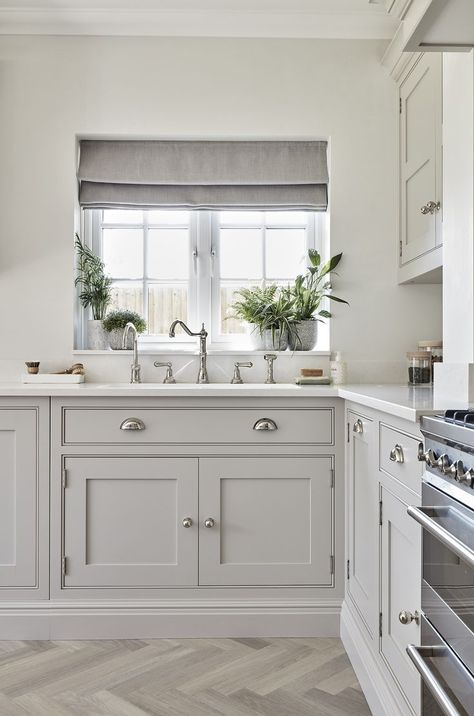 Kitchen Herringbone Floor, Country Kitchen Inspiration, Tom Howley Kitchens, Tom Howley, Light Grey Kitchens, Grey Kitchen Designs, Rustic Country Kitchens, Beautiful Kitchen Designs, Shaker Style Kitchens