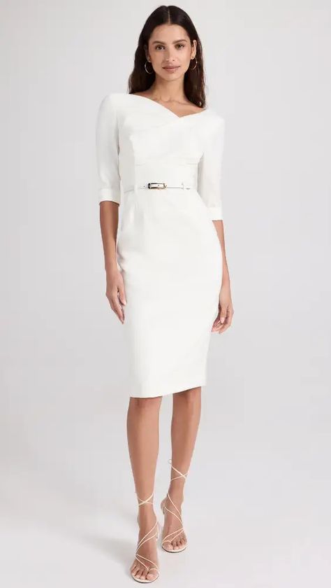 The brand's signature Jackie O Dress updated with cuffed sleeves. This Black Halo sheath dress features a draped bodice and skinny belt to complete the timelessly elegant silhouette. Black Halo Sheath Dress, Jackie Dress, Black Halo Dress, Halo 3, Draped Bodice, White Cocktail, White Cocktail Dress, Black Halo, Jackie O