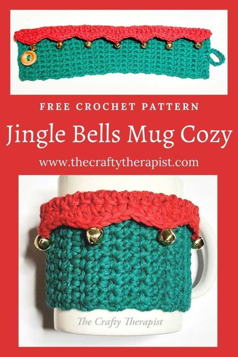 It's time to get your Festive feels on! Crochet a Christmas mug cozy complete with jingle bells. It's a free crochet pattern, works up fast and is perfect for a last minute gift idea or fun festive crocheted gift. #mugcozycrochetpattern #freecrochetmugcozypattern #christmasmugcozypattern #christmascupcozycrochetpattern October Crochet, Mug Cozy Crochet Pattern, Mug Cozy Crochet, Cup Cozy Crochet Pattern, Mug Cozy Pattern, Mug Cover, Cup Cozy Pattern, Crochet Mug, Crochet Mug Cozy