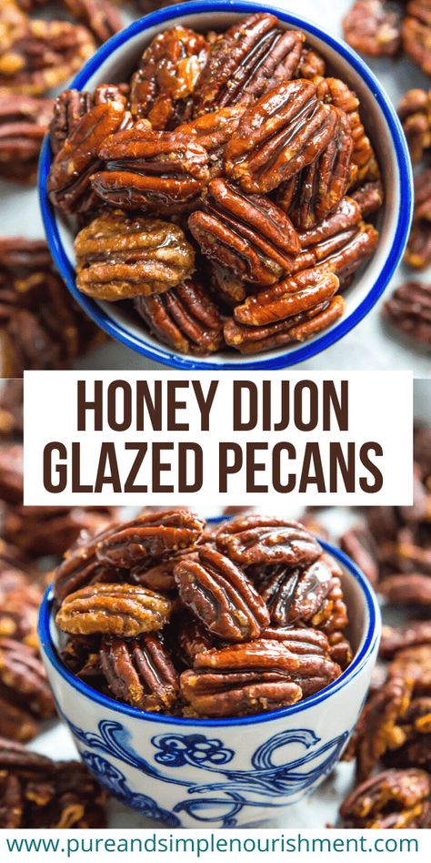 You are going to love these roasted honey dijon pecans. These glazed pecans are so easy to make and have such a delicious flavour. They are the perfect healthy snack that can be taken on-the-go. This oven roasted pecan recipe is also gluten free, dairy free and refined sugar free. Roasted Pecans Recipe, Pecan Recipe, Honey Roasted Pecans, Easy Christmas Candy Recipes, Glazed Pecans, Honey Dijon, Nut Snacks, Roasted Pecans, Nut Recipes