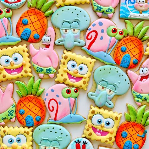 Spongebob Royal Icing Cookies, Tmnt Cookies Decorated, Sponge Bob Cookies Decorated, Spongebob Birthday Cookies, Sponge Bob Cookies, Spongebob Sugar Cookies, Spongebob Cookies Decorated, Sponge Bob Birthday Party Ideas, Spongebob Treats