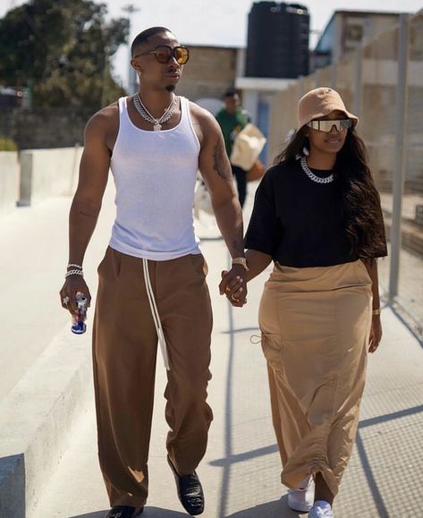 Black Couple Cruise Outfits, Black Couple Brown Outfit, His And Hers Outfits, Matching Beach Outfits Couples Black, Matching Couple Outfits Summer Black, Black Couples Vacation Outfits, Classy Couple Outfits, Black Couple Island Pictures, Ciara Style