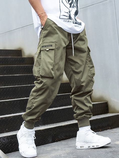 Army Green Street Collar  Fabric Letter Cargo Pants Embellished Non-Stretch Spring/Summer/Fall Men Bottoms Celana Kargo, Hip Hop Joggers, Streetwear Sweatpants, Sports Trousers, Streetwear Men, Mens Pants Fashion, Hiking Pants, Pantalon Cargo, Ankle Length Pants