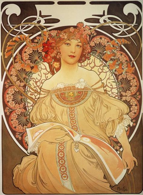 Alphonse Mucha, "Rêverie" 1897. Like Zodiac, this lithograph was originally designed to serve as the 1898 Champenois company calendar. However, its immediate popularity led to its swift publication by the magazine La Plume as a decorative panel with the title Reverie (daydream). French Art Nouveau Alfons Maria Mucha, Art Nouveau Mucha, Nouveau Illustration, Alphonse Mucha Art, Mucha Art, Istoria Artei, Alfons Mucha, Seni Vintage, Art Nouveau Poster