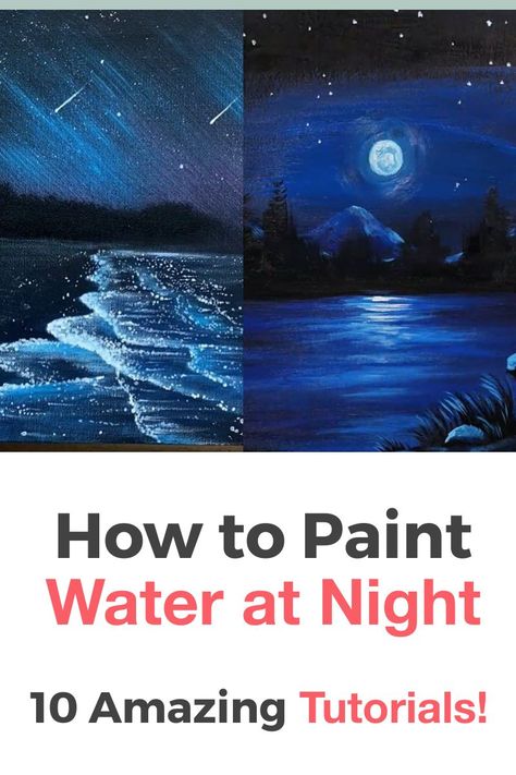 Painting Water At Night, How To Paint Water With Acrylic Easy, How To Paint Waves Step By Step, Night Sky Painting Easy Step By Step, Painting Water Acrylic, Ocean At Night Painting, Painting Ideas On Canvas Ocean, Beach At Night Painting, Night Beach Painting