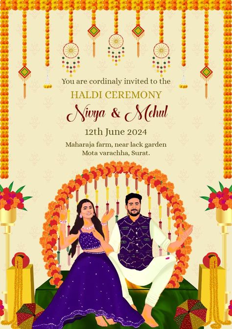 Haldi Ceremony Caricature Invitation Template Haldi Ceremony Card, Caricature Invitation, Haldi Wedding, Haldi Outfit, Marriage Cards, Photoshop Tutorial Design, Haldi Ceremony, Floral Jewellery, Photoshop Tutorial