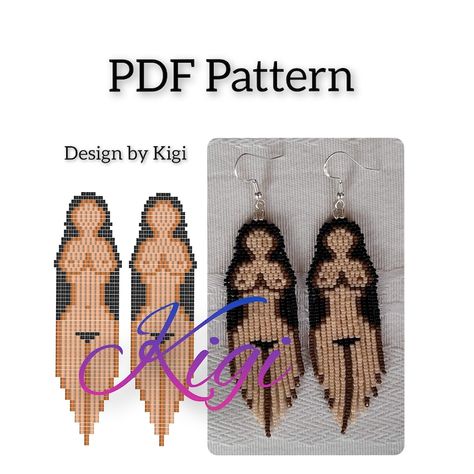 Beaded Fringe Earrings Pattern, Sedna, the Mother of the Sea, PDF File, Unique Design - Etsy Canada 2 Drop Brick Stitch, Beading Patterns Free Tutorials, Fringe Earrings Pattern, Brick Stitch Pattern Earring, Beadwork Tutorial, Earrings Pattern, Beaded Fringe Earrings, Bead Loom Pattern, Beading Patterns Free