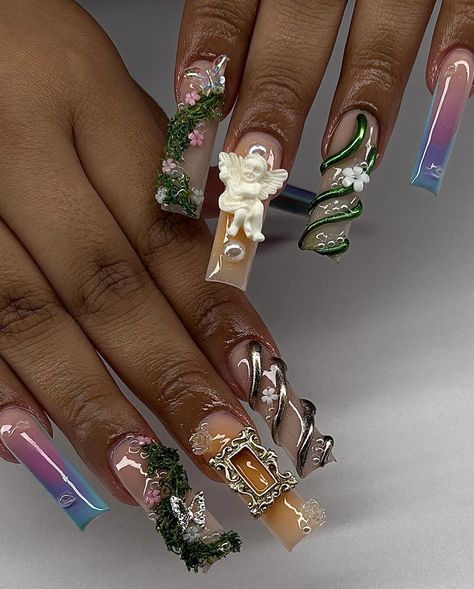 #REPOST from @pretty._cj MET GALA THEME “Garden of Time” |"  Garden of Eden 🌸🌳✨ #jacksontn #kacksonnails #nailtechcheck #gardennails #angelnails #ombre Cute Ombré Nails, Garden Nails Acrylic, Garden Theme Nails, Garden Themed Nails, Garden Of Time Met Gala, Garden Nails Design, Fairy Garden Nails, Met Gala Nails, Nature Nails Designs