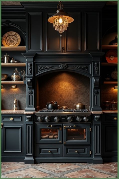 Explore the allure of Gothic-inspired kitchens featuring stunning black cabinetry. Discover how to blend retro charm with dark elegance to create a culinary haven that's unique and stylish. From intricate details to atmospheric lighting, let's transform your kitchen into a dramatic space that captivates! Black Rustic Kitchen, Modern Gothic Kitchen, Moroccan Style Kitchen, Dark Academia Kitchen, Rustic Cabin Kitchen, Gothic Kitchen, Modern Gothic, Bohemian Kitchen, Black Kitchen Cabinets