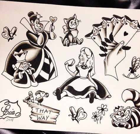 Instagram @showpidgeon Laguna Ink Alice in Wonderland flash art Traditional Style Alice In Wonderland Tattoo, Alice In Wonderland Flash Art, Alice In Wonderland Tattoo Flash Sheet, Alice In Wonderland Tattoo Outline, Old School Alice In Wonderland Tattoo, Alice In Wonderland Tattoo Black And White, Black And Grey Alice In Wonderland Tattoo, Alice In Wonderland Flamingo Tattoo, Alice In Wonderland Tattoo Stencil