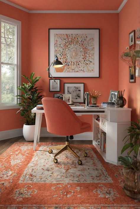 Coral Room Paint, Coral Home Office, Coral Office Walls, Coral Dining Room, Salmon Paint Color, Coral Living Room, Colors For Home Office, Coral Office, Orange Painted Walls