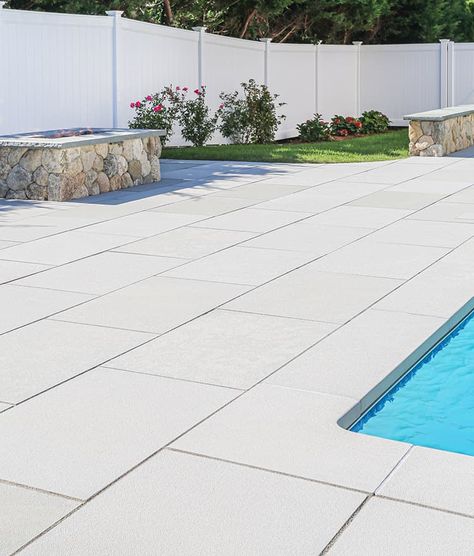 Bush Hammered Bluestone | Stonewood Products Porcelain Paver Pool Deck, Pool Waterline Tile Ideas, Pool Patio Pavers, Concrete Landscaping, Granite Pavers, Pool Surrounds, Yard Oasis, Pool Paving, Pool Decking