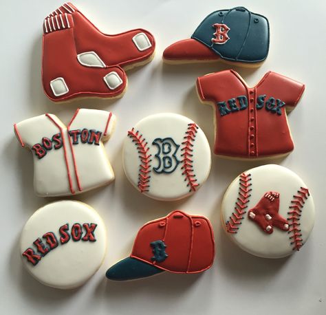 Custom Cookies Boston Red Sox Cookies For more info on how to order please visit my FB page and send me a message www.facebook.com/busybeecakery Or email me: malinda@busybeecakery.com Boston Themed Party, Red Sox Birthday Party, Boston Red Sox Cake, Baby Announcement Cookies, Red Sox Party, Red Sox Cake, Yankee Cake, Soccer Cookies, Sports Cookies