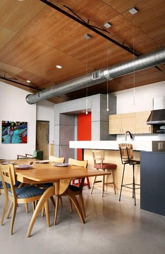 Modern Spaces Exposed Spiral Ductwork Design, Pictures, Remodel, Decor and Ideas Hvac Design, Exposed Ceilings, Midcentury House, Casa Loft, Duct Work, Energy Efficient Homes, Industrial Kitchen, Home Upgrades, Ideas Pictures