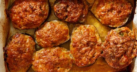 Turkey Stuffed Eggplant Boats Turkey Stuffed Eggplant, Eggplant Boats, Baked Meatballs, Stuffed Eggplant, 12 Tomatoes Recipes, Meat Dish, Eggplant Dishes, Pecorino Romano, 12 Tomatoes