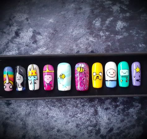 Cartoon Press On Nails, Disney Press On Nails, Bmo Nails, Adventure Time Nail Art, Steven Universe Nails, Adventure Time Nails, Pikachu Nails, Character Nails, Time Nails