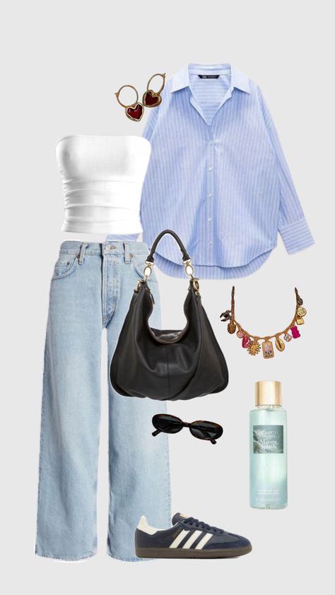 white tube top, shirt, jeans, necklace, earrings, etc Tube Top Over Shirt Outfit, Tube Top And Jeans Outfit, Top Over Shirt Outfit, White Tube Top Outfit, Tube Top And Jeans, Top And Jeans Outfit, Tube Top Outfits, Tube Bra, Bra Outfit