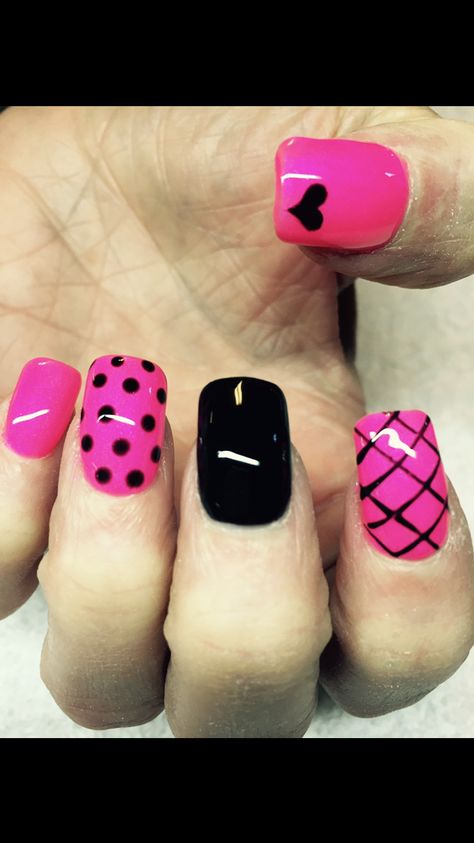 Black Hot Pink Nails, P!nk Nails, Pink Black Nails Designs, Black And Hot Pink Nails, Pink And Black Halloween Nails, Hot Pink And Black Nails Acrylics, Hot Pink And Black Nails, Pink Black Nails, Water Based Nail Polish