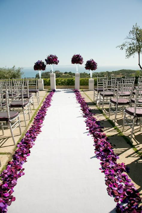 Luv this purple Wedding aisle flower décor, wedding ceremony flowers, pew flowers, wedding flowers, add pic source on comment and we will update it. www.myfloweraffair.com can create this beautiful wedding flower look. Wedding Isles, Aisle Decorations, Purple Wedding Theme, Purple Color Palettes, Wedding Ceremony Flowers, Wedding Ceremony Ideas, Ceremony Flowers, Aisle Decor, Lavender Wedding