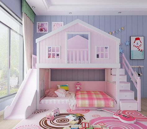 Tree House Bunk Bed, Bed For Girls Room, House Beds For Kids, House Bunk Bed, Shared Girls Bedroom, Bunk Bed With Slide, Cool Kids Rooms, Cool Kids Bedrooms, Hiasan Bilik Tidur