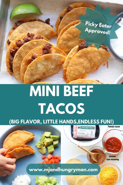 Taco Night's not just for Tuesdays with these Beef & Cheese Mini Tacos—quick, easy, and a blast to make! Little hands, big appetites, everyone's in for a treat. Brown the beef, scoop onto mini tortillas, and let the oven melt the cheese. Set up a topping station with everyone’s favorite toppings for a personalized touch. From quick family dinners to taco parties or Cinco de Mayo fiestas, these mini tacos steal the show! Pint-sized charm, massive flavor—perfect for any occasion. Toddler Tacos, Crispy Mini Tacos, Mini Tortilla Recipes, Mini Taco Appetizers Parties Food, Tacos For Kids, Mini Beef And Cheese Tacos, Mini Tacos And Tequila, Baked Mini Tacos, Oven Baked Mini Tacos