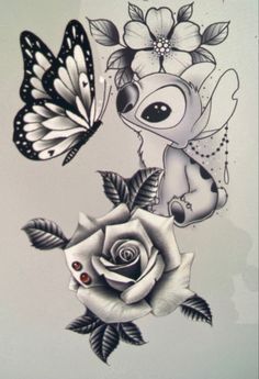 Disney Stitch Tattoo Black And White, Tattoo Ideas For Couple, Stitch Disney Tattoo, Group Tattoo Ideas, Disney Stitch Tattoo, Delicate Tattoos For Women, Catrina Tattoo, Floral Thigh Tattoos, Stitch Tattoo