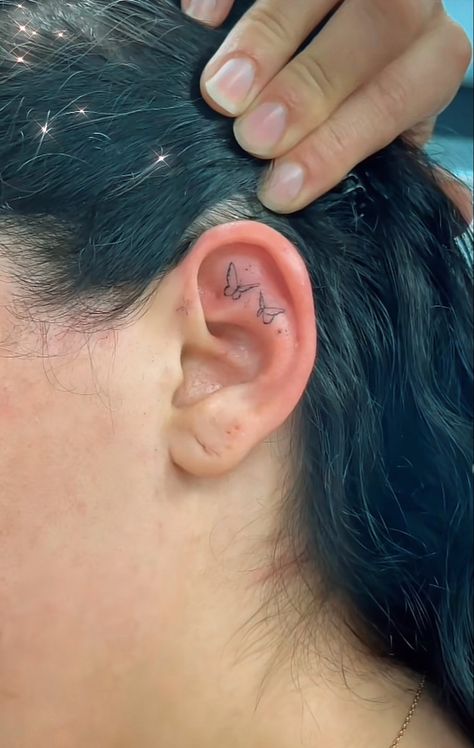 Cartilage Ear Tattoo, Small Inner Ear Tattoo, Be Hind The Ear Tattoo, Tattoo On Ear Cartilage, Dragonfly Ear Tattoo, Ear Tattoos Women Inner, Inside Ear Tattoos For Women, Ear Tattoo Aesthetic, Ear Tattoo Inner Simple