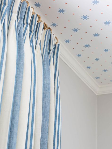 Star Print Wallpaper, Wallpaper On The Ceiling, Curtains Nursery, Big Boy Bedrooms, Star Ceiling, Striped Room, Striped Curtains, Boys Nursery, Nursery Curtains