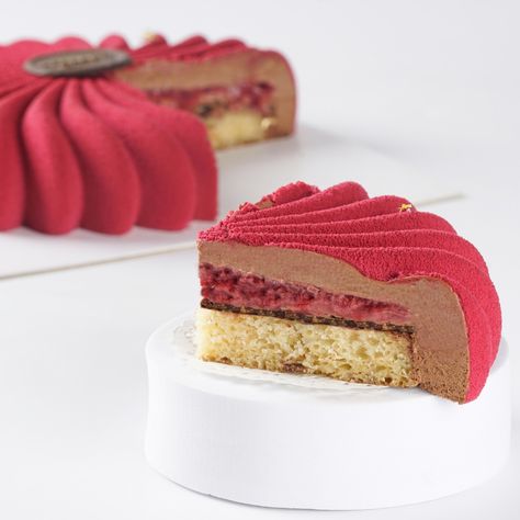 Featuring fresh, seasonal raspberries bursting with flavor, light and airy cream, and a delicate chocolate base, it's a perfect balance of textures and tastes. #raspberries #raspberry #raspberrycake #cakesofinstagram #raspberryandchocolate #raspberrychocolate #luxurydesserts #entremets #raspberryentremet #thedessertstreet Entremet Flavors, White Chocolate Raspberry Mousse Cake, Raspberry Entremet, Strawberry Entremet, Chocolate Raspberry Entremet, Raspberry Elegance Cake Recipe, Raspberry Compote, Dark Chocolate Mousse, Vanilla Sponge