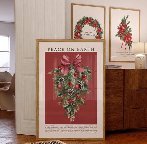 Peace On Earth Modern Christian Christmas Home Decor Winter Botanical Print Trendy Red Bow Holiday Wall Art Minimal Biblical Advent Poster Christian Christmas Wall Art, Jesus Christmas Decorations, Christian Christmas Decorations, Home Decor Winter, Wall Art Minimal, Watercolor Poster, Holiday Wall Art, Minimal Color, Art Minimal