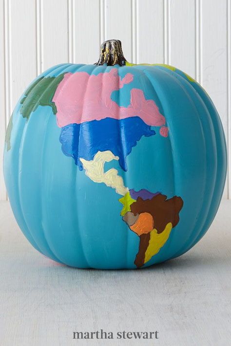 What a beautiful world—and what a beautiful pumpkin! This pumpkin takes on a worldly beauty. #marthastewart #pumpkins #diypumpkins #falldecor #halloween Diy Pumpkin Painting, Pumpkin Inspiration, Pumpkin Painting Ideas, Beautiful Pumpkins, Painted Pumpkin, Martha Stewart Crafts, Pumpkin Painting, Diy Pumpkin, Foam Crafts